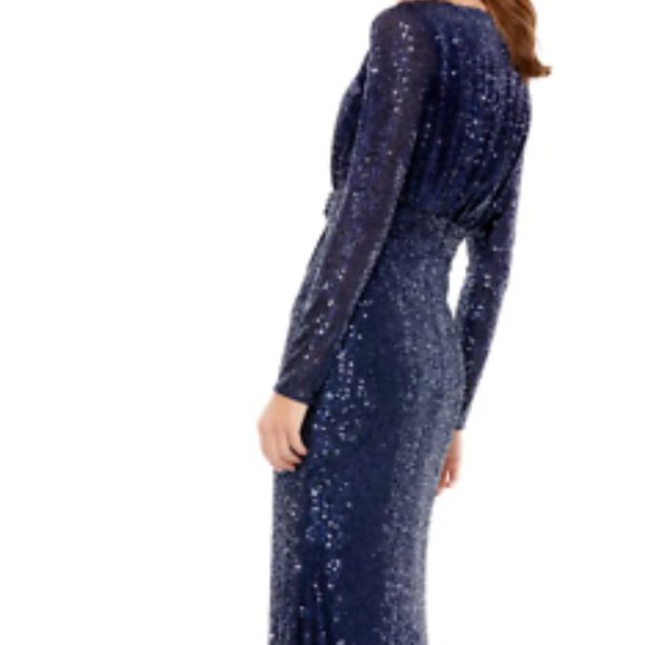 MAC DUGGAL LONG SLEEVE SEQUIN FAUX WRAP THIGH SLIT MIDNIGHT NAVY GOWN sz 12 - Picture 3 of 6